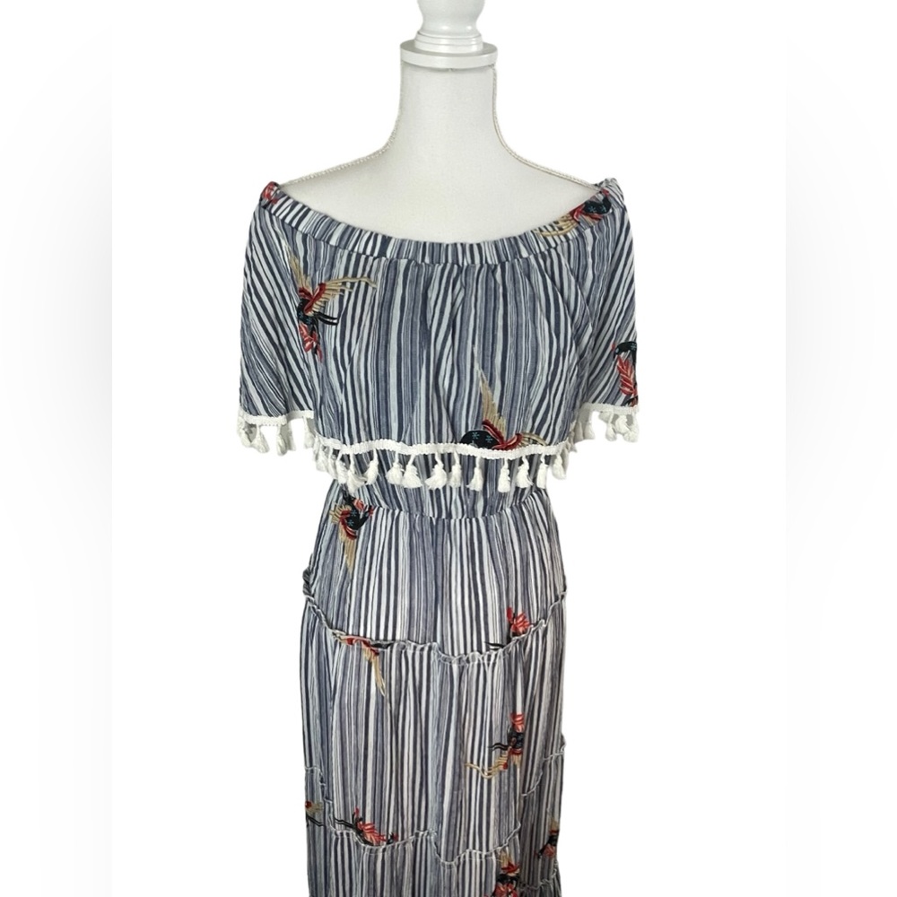 L’ATISTE by AMY Blue & White Off Shoulder tier Maxi Dress with fringe Tassles - Picture 5 of 17
